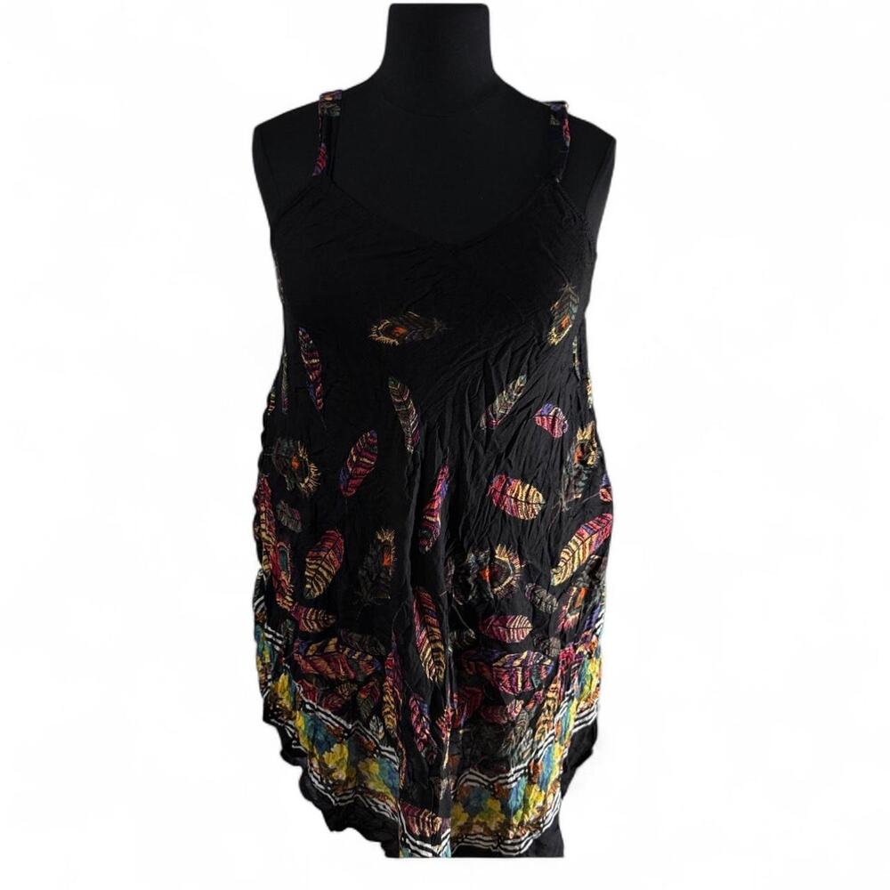 ASHA Black Multicolor Feather Print Sleeveless Rayon Dress One Size